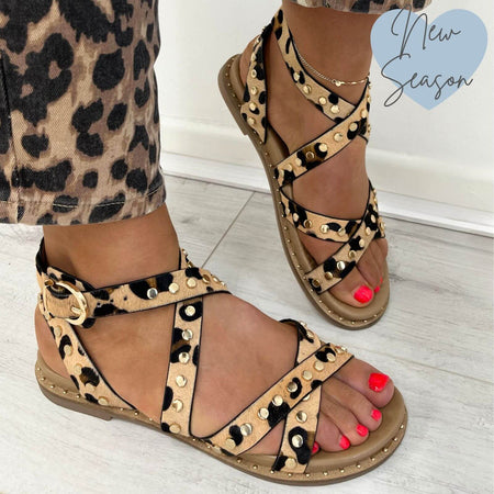 Carmela Studded Leopard Strappy Flat Sandals