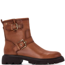 Brown leather boot with gold buckles on a white background
