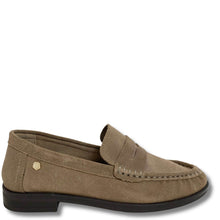 A single taupe-brown suede penny loafer shown from a side profile view against a plain white background.