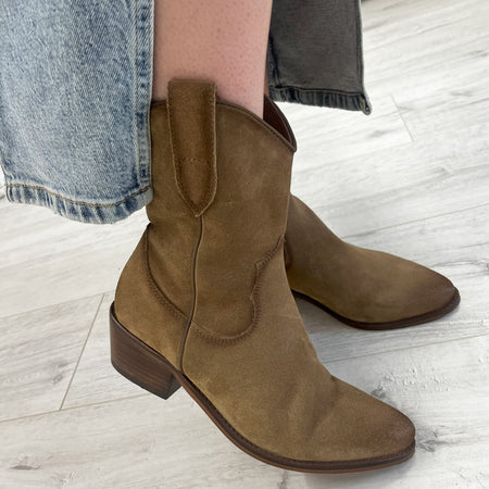 Carmela Taupe Suede Low Heel Cowboy Boots