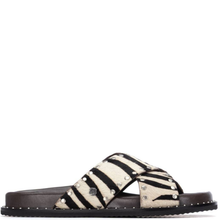 Zebra print sandal with black sole on a white background