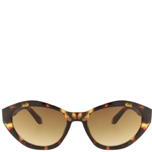 Sunglasses with tortoiseshell frame and brown lenses on a white background