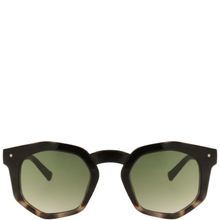 Sunglasses with tortoiseshell frame and green lenses on a white background