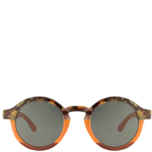 Round sunglasses with tortoiseshell frame and dark lenses on a white background