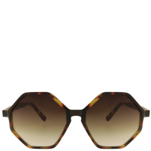 Sunglasses with a tortoiseshell frame and gradient lenses on a white background