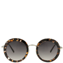 Round sunglasses with tortoiseshell frame and dark lenses on a white background
