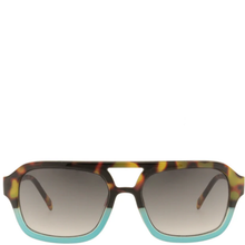Sunglasses with tortoiseshell frame and turquoise accents on a white background