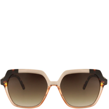 Sunglasses with a tortoiseshell frame and brown gradient lenses on a white background