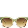 Sunglasses with green frame and brown gradient lenses on a white background