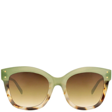 Sunglasses with green frame and brown gradient lenses on a white background