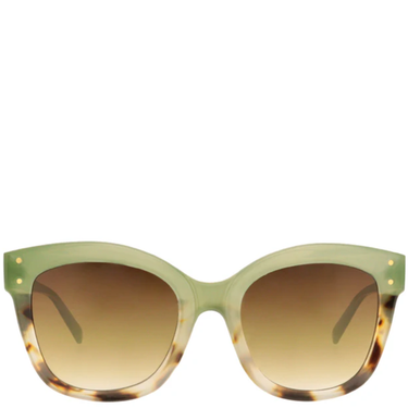 Sunglasses with green frame and brown gradient lenses on a white background