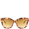 Tortoiseshell sunglasses with gold lenses on a white background