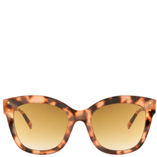 Tortoiseshell sunglasses with gold lenses on a white background