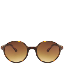 Round sunglasses with tortoiseshell frame and brown lenses on a white background