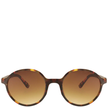 Round sunglasses with tortoiseshell frame and brown lenses on a white background