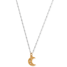 Gold crescent moon necklace on a white background