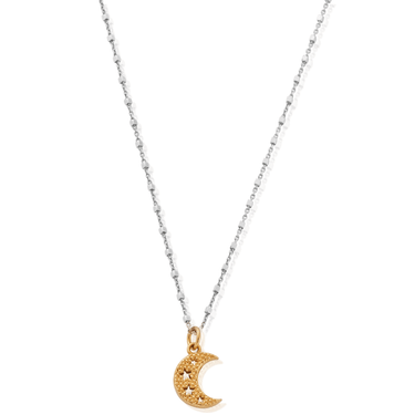 Gold crescent moon necklace on a white background