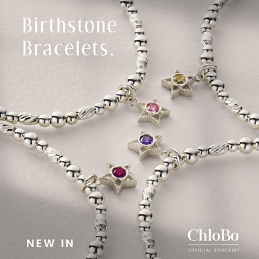 Silver birthstone bracelets with colored stones on a gray background, featuring the ChloBo brand.