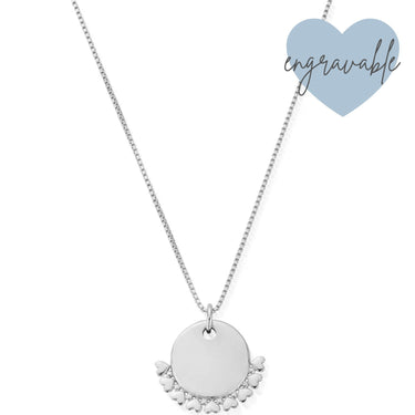 Silver necklace with a round pendant on a white background, featuring the brand 'Engravable'.