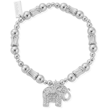 Silver beaded bracelet with an elephant charm on a white background
