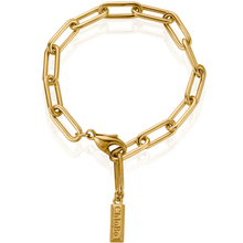Gold chain bracelet with a tag on a white background