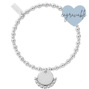 Silver beaded bracelet with a round pendant on a white background, featuring the brand 'Engravable'.
