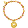 Gold and pink beaded bracelet with a 'Gratitude Love Happiness' charm on a white background