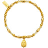 Gold beaded bracelet with a teardrop charm on a white background