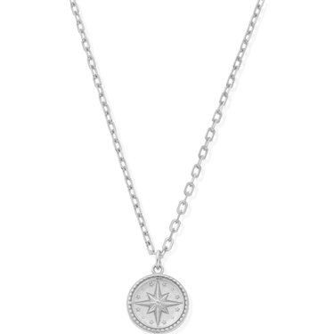 ladies silver chain necklace with round disc and compass on it