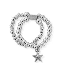 Silver beaded bracelet with a star charm on a white background