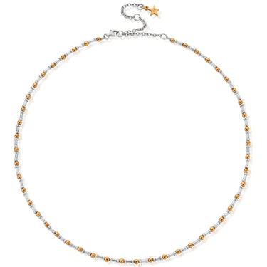 Necklace with gold and silver beads on a white background