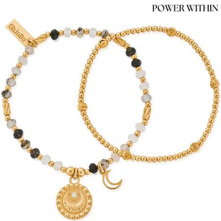 ChloBo Rising Woman Black Rutilated Quartz Bracelet Set - Gold