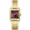 A Cluse women's watch featuring a gold-tone stainless steel case and link bracelet, with a square dial in a deep burgundy gradient and gold-tone Roman numerals.