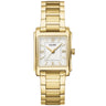 A gold-tone rectangular analog watch with a white dial, Roman numeral hour markers, and a matching gold-tone metal link bracelet, shown against a plain white background.