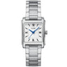 A Cluse women's analog watch with a silver stainless steel link bracelet, a silver rectangular case, a white dial with black Roman numerals, and blue hands.