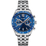 Cluse watch with blue dial and silver metal bracelet on a white background