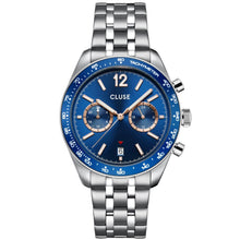 Cluse watch with blue dial and silver metal bracelet on a white background