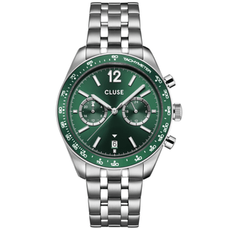 Cluse watch with green dial and silver bracelet on a white background