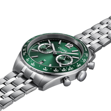 Silver watch with a green dial on a white background