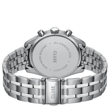 Silver watch with metal bracelet on a white background