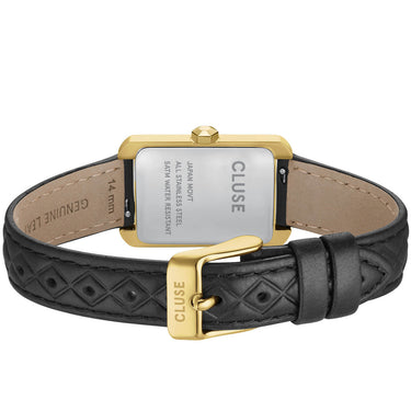 Cluse watch with black leather strap and gold case on a white background