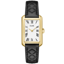 Cluse watch with black leather strap and gold case on a white background