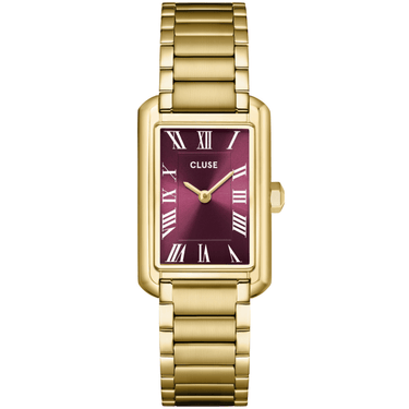 Gold watch with a maroon face on a white background