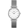 A Cluse women's analog watch featuring a silver stainless steel case, a white dial with slim black indices, and a matching silver mesh strap, shown against a plain white background.