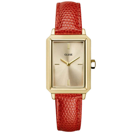 Cluse Fluette Gold Rectangle Face Coral Leather Strap Watch