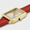 Cluse Fluette Gold Rectangle Face Coral Leather Strap Watch