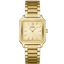 Gold watch with a square face on a white background