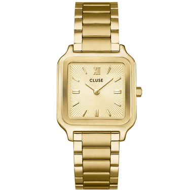 Gold watch with a square face on a white background