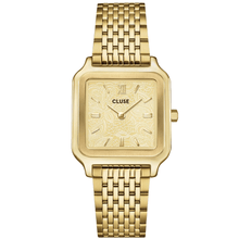 ladies gold watch with multi link strap and lace textured dial