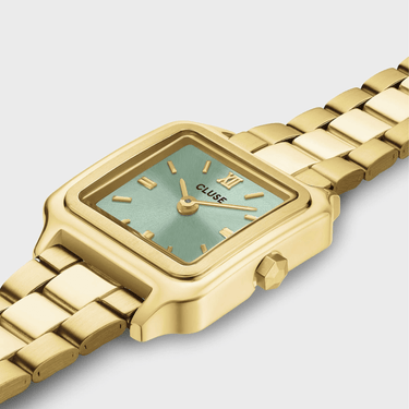 ladies small square dial gold watch with sage green face